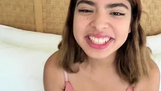 This cute teen is in yoga pants giving a blowjob