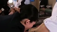 Hot Asian gives blowjob in group sex orgy