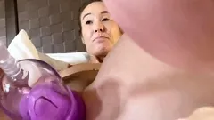 Close up with japanese getting mouth jizzed