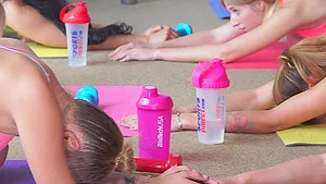 Shaved pussy blondie Aria Logan enjoys getting fucked during yoga