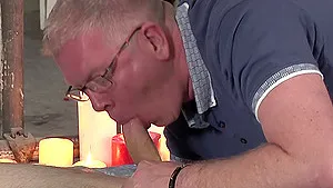 Dirty mature pervert tied up a skinny man with a large cock