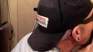 Gray DILF sucks and tugs gloryhole dick