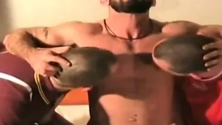 Ripped German DILF 3way spitroasts jock