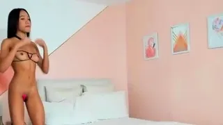 Asian teen plays with toys on webcam