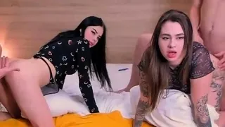 Brutal deepthroat and hard pounding with two horny teen hoes