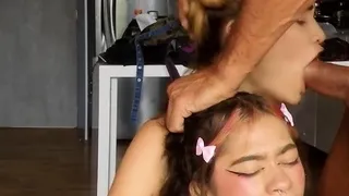 2 submissive kneeling goth teens face fucked