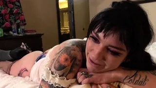 Busty brunette Misha Montana gets a new leg tattoo