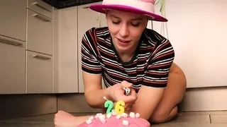 Hot babe with big boobs playing with her lactating boobs