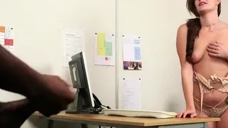 Office voyeur strips in interracial duo