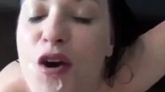 Cute girl takes a cum shot with a golden piss chaser