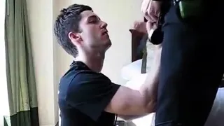 Face fucking guy in hotel room, cum in his mouth