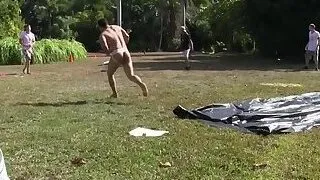 Teen twink doggystyled at hazing outdoors