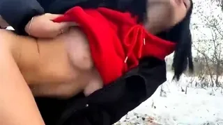 Slutty brunette gets fucked outdoor in cold Russian winter l
