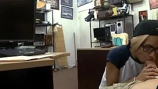 Petite blonde babe gives head and pounded by pawn dude