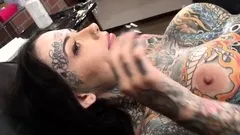 Tiger Lilly gets a forehead tattoo while naked