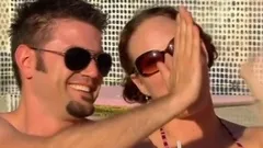 Oral sex in a pool party for a petite swinger brunette.