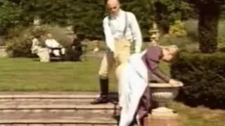 Naughty blonde in maid uniform strips outdoor and has fun