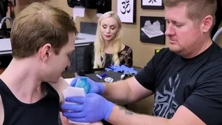 Nervous stepson gets a hot sex while on a tattoo session