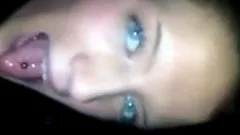 Blue eyes showing and swallowing cum