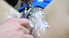 Hubby shaves his girl's hairy pussy