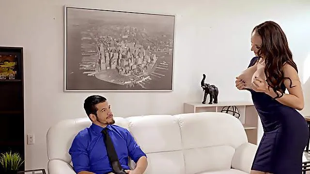 Classy woman strips for the sales guy and fucks his brains out