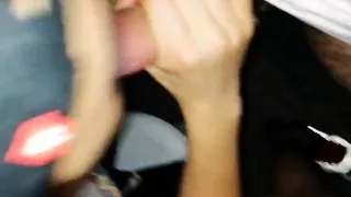 Cute Asian twink sucking my big cock in public restroom