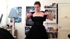 Girl in dress strips to show her thick bush