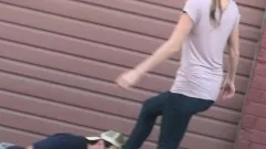 These sadistic gals are kicking his nuts and standing on his prick