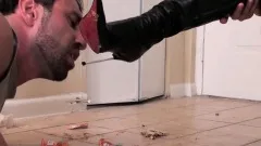 Mistress makes her sex slave eat on the floor and lick her heels