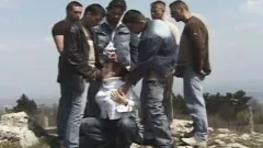 Enticing redhead gets banged rough and deep by horny guys in the park