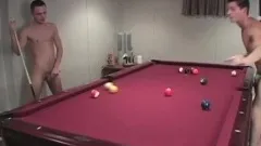 Three exciting gay friends engaging in hot anal sex on the pool table