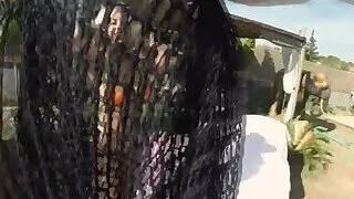 Busty babe in bikini spoon fucked outdoors