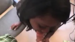 Adorable black girl with perky boobs sits on top of a big white cock