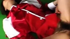 Japanese girl in costume gets her bushy twat nailed and a facial