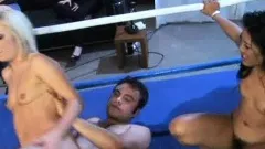 Angela Stone and Layla Lei get into a threesome in a boxing ring