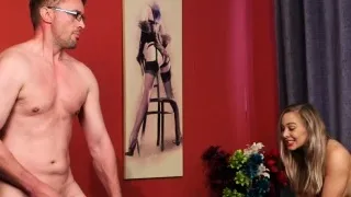 Lingeried voyeur babe instructs dude to jerk