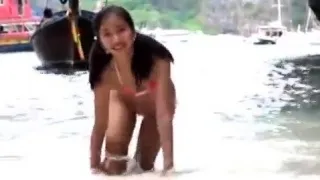 Japanese slut beach outdoor blowjob facial cumshot