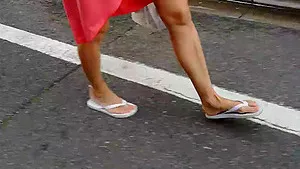 Mistress walking bare feet  in public