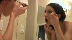 Skinny brunette Sophie puts on makeup and gets dressed showing her body