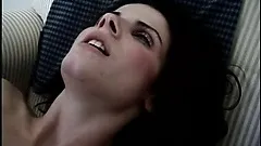 Nubile beauty lowers her furry snatch down onto her man's rod