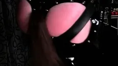 Two lovers do extreme BDSM session with full leather bodysuits on