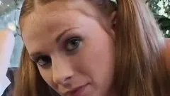 Pigtailed amateur strips, sucks on his pecker and gets her cunt drilled