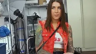 Brunette filled with tattoos gets drilled by horny casting directors big cock