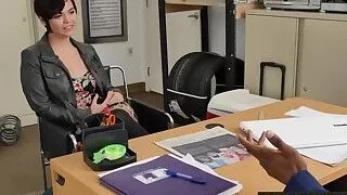 Short haired beauty takes directors big black cock on the carpet