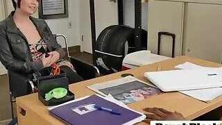 Gorgeous hottie gags on directors big black cock before riding it