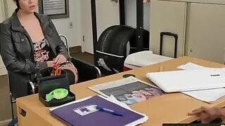 Curvy chick sucks on directors fingers before riding his big black cock