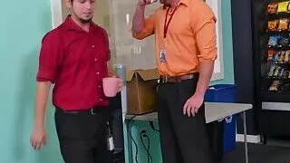 Gay employee takes his boss big hard cock after sucking on it