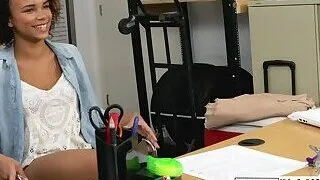 Teasing and sexy Ebony pornstar sucks director's black cock