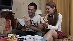 Slutty schoolgirl Mischa seduces her friend and has him roughly fucking her ass