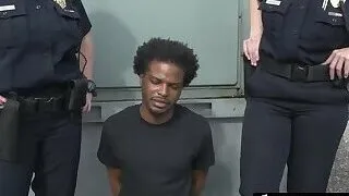 Uniformed brunette tasting criminal's huge cock